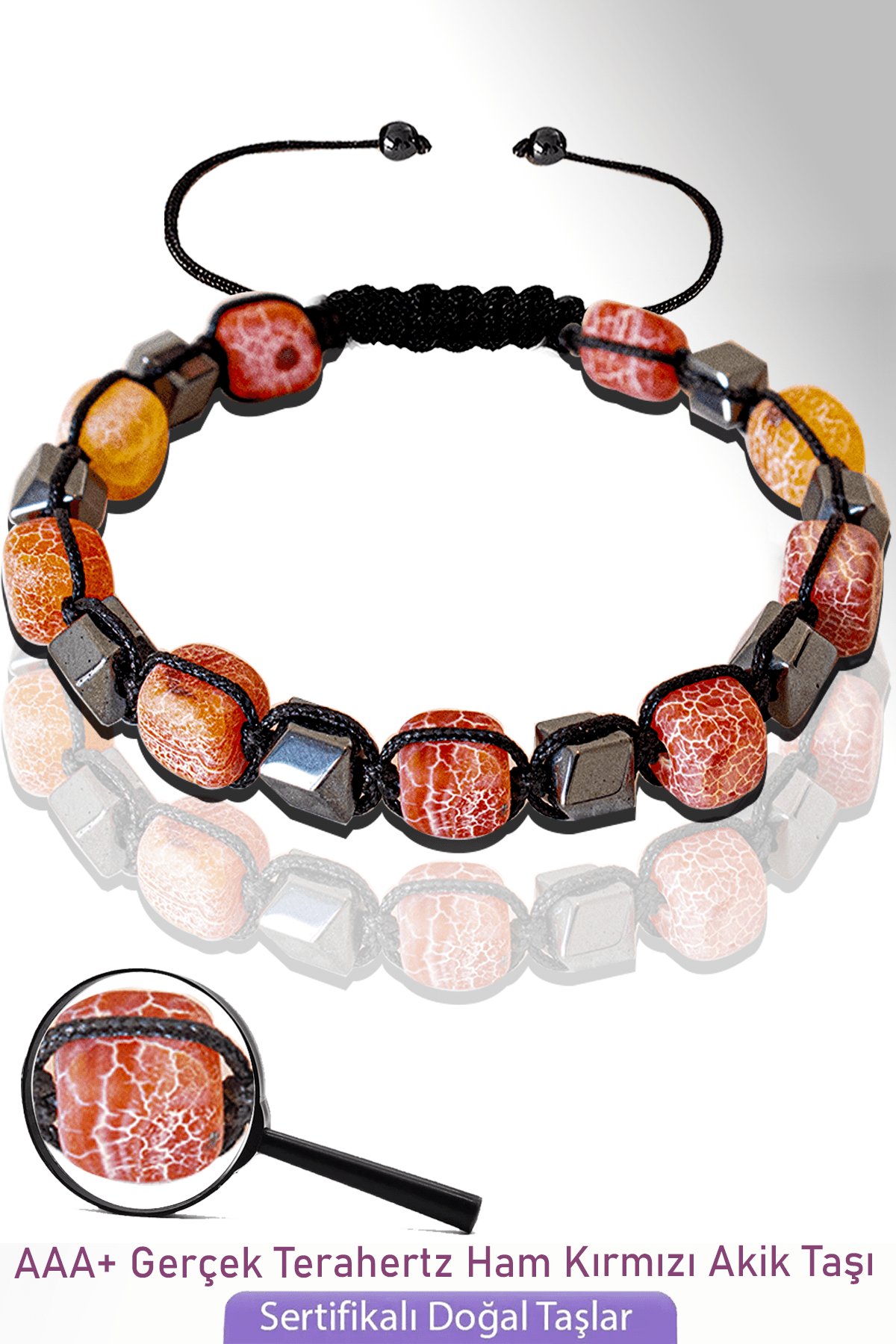 Sertifkalı Küp Model Ham Kırmızı Akik Taşı Bileklik - Ayarlamalı