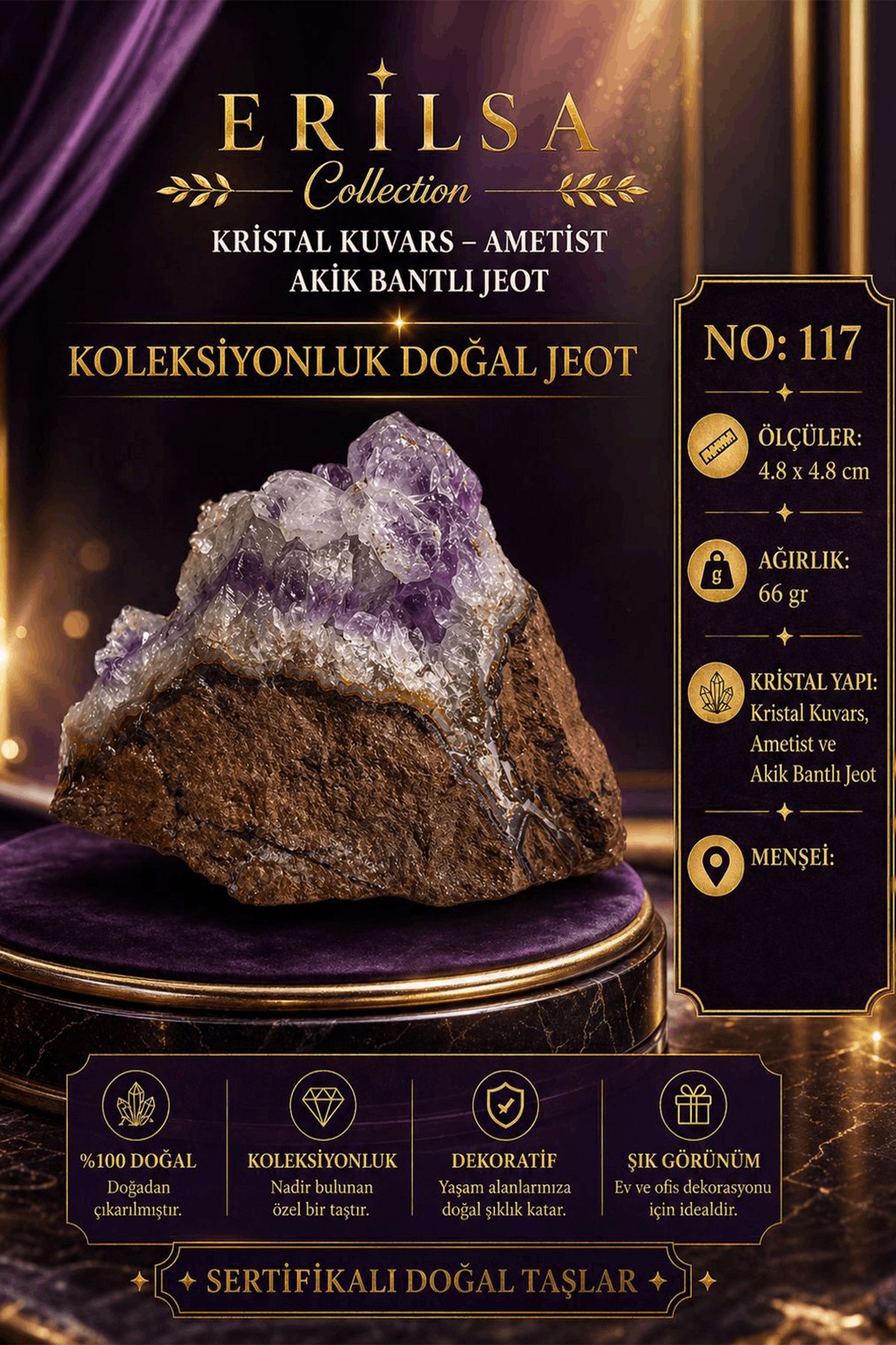 Sertifikalı Kristal Kuvars Ametist Akik Bantlı Jeot Koleksiyonluk Doğal Taş Dekoratif Obje NO117