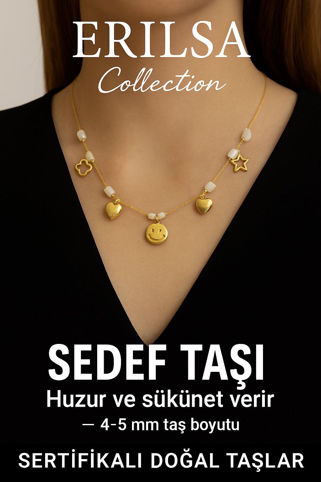Sertifikalı Gold Sedef Taşı Şans Charm Kolye - Işıltı Serisi