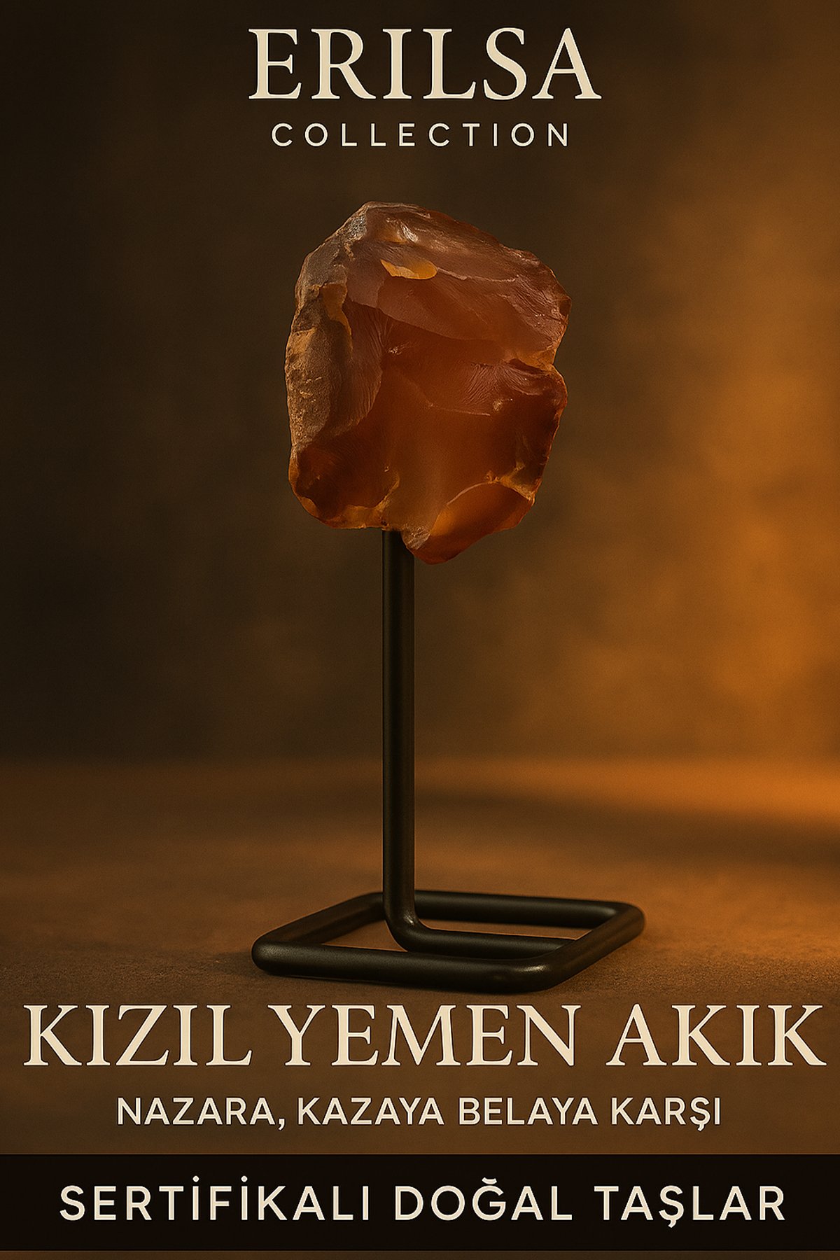 Sertifikalı Doğal Ham Kızıl Yemen Akiği Taşı Standlı Obje – Güç, Koruma ve Yaşam Enerjisi