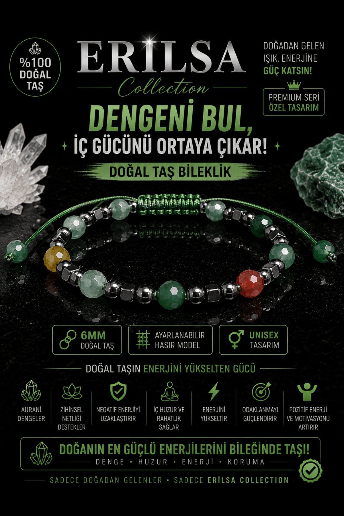 Sertifikalı Doğal Taş Bileklik 6 MM Ayarlanabilir Unisex Premium Model - Denge Bilekliği