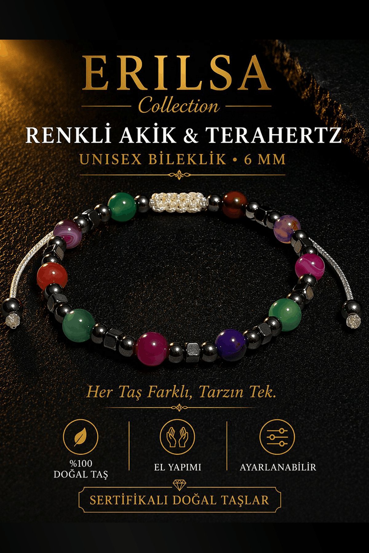 Sertifikalı Renkli Akik Terahertz Bileklik 6 MM Doğal Taş Unisex Ayarlanabilir - Şık Tasarım