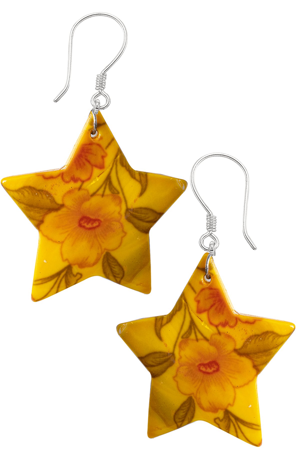 Sertifikalı Çiçek İşlemeli Yıldız Model Sarı Renkli Sedef Taşı Küpe