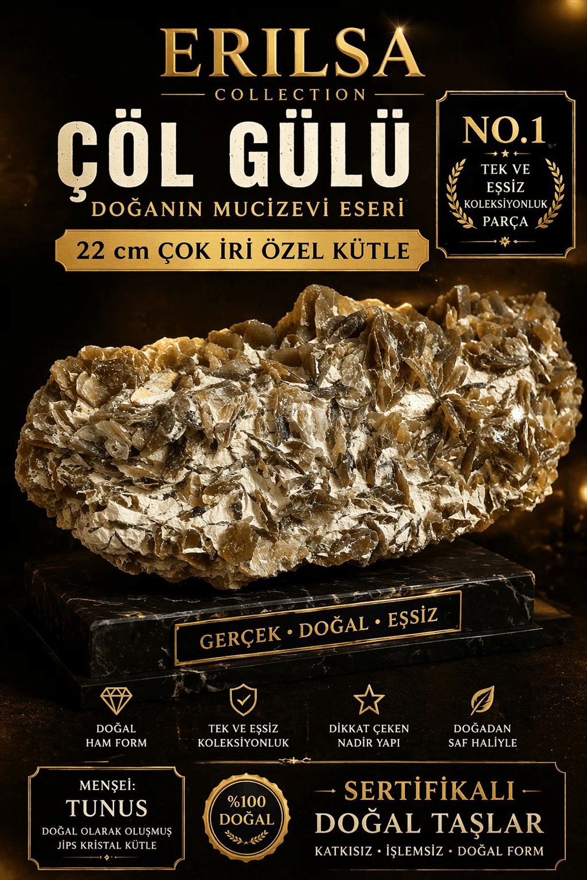 Sertifikalı Çöl Gülü Taşı Kütle - 22 cm Çok İri Koleksiyonluk Doğal Jips Kütle Özel Parça