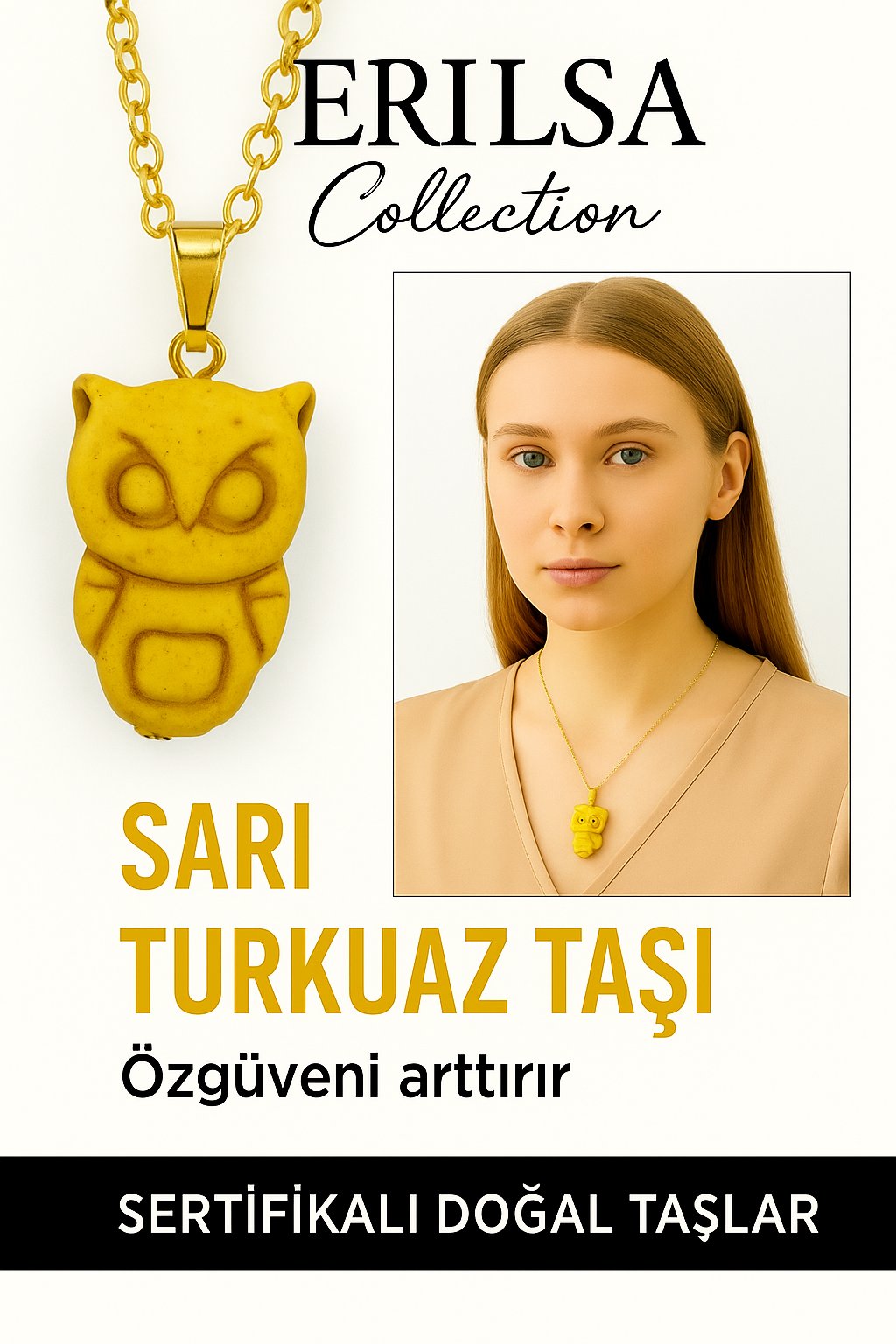 Sertifikalı Sarı Renkli Baykuş Model Sarı Turkuaz Taşı Kolye – Bilgelik, Şans ve Ruhsal Koruma Taşı