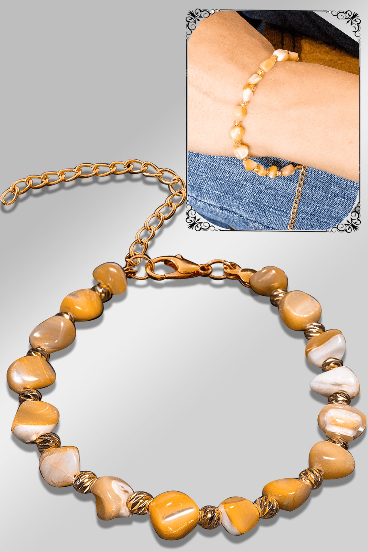 Sertifikalı Amorf Model Açık Turuncu Renkli Sedef Taşı Bileklik (Ayarlamalı)