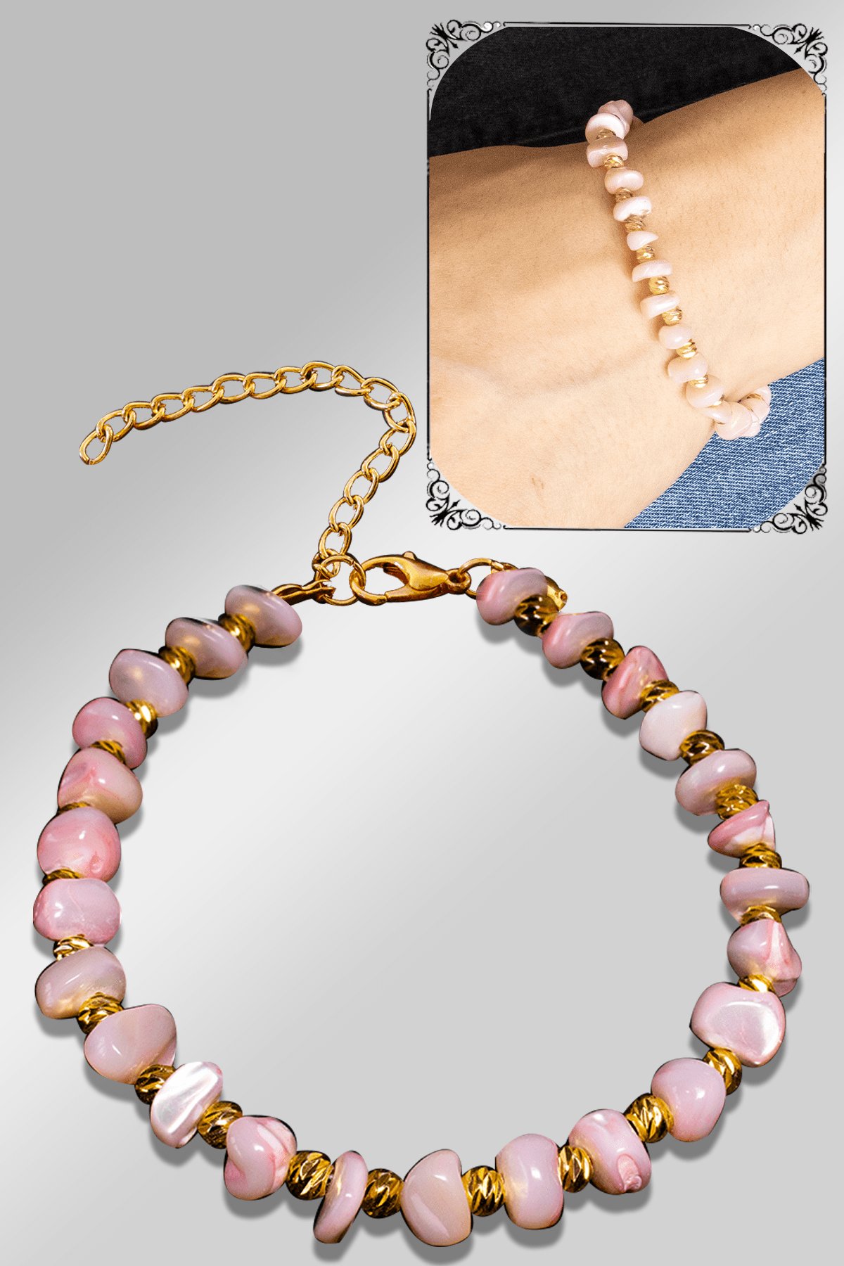 Sertifikalı Amorf Model Açık Pembe Renkli Sedef Taşı Bileklik (Ayarlamalı)