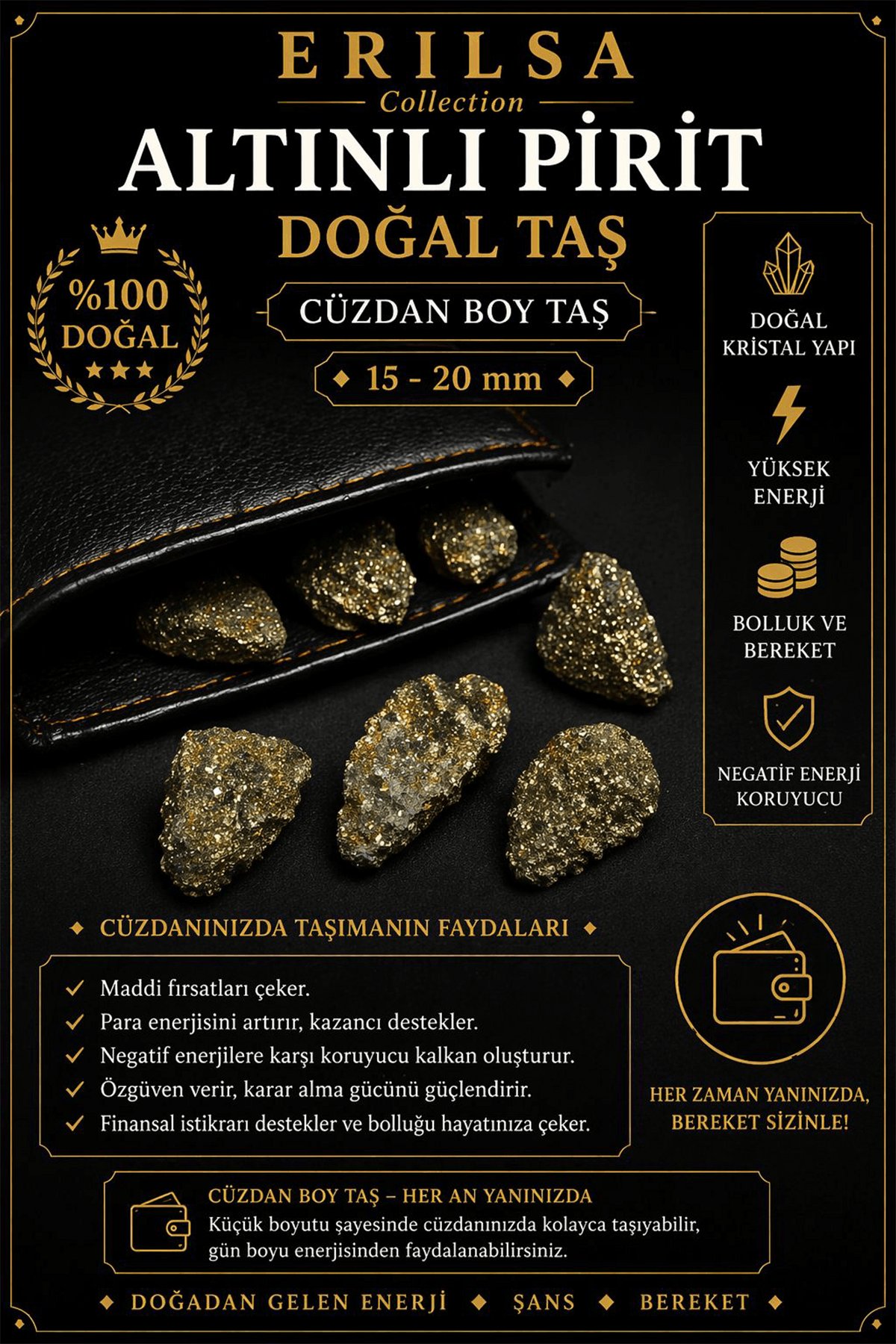 Sertifikalı Altınlı Pirit Taşı Kütle - Cüzdan Boy 15-20 mm Doğal Taş Kütle Şans Bereket