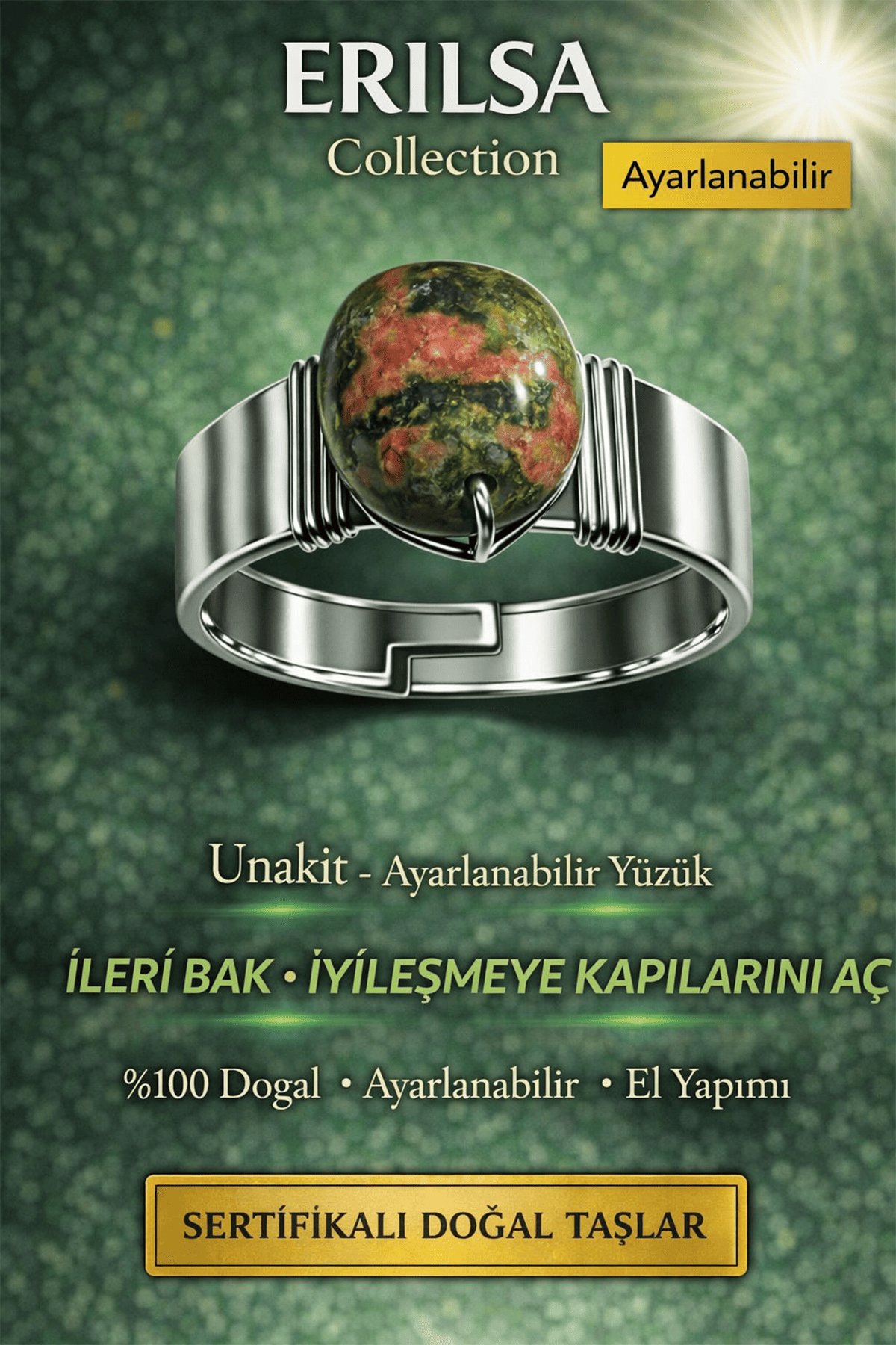 Sertifikalı Unakit Taşı Yüzük Doğal Taş Ayarlanabilir El Yapımı Şifa ve Denge Taşı