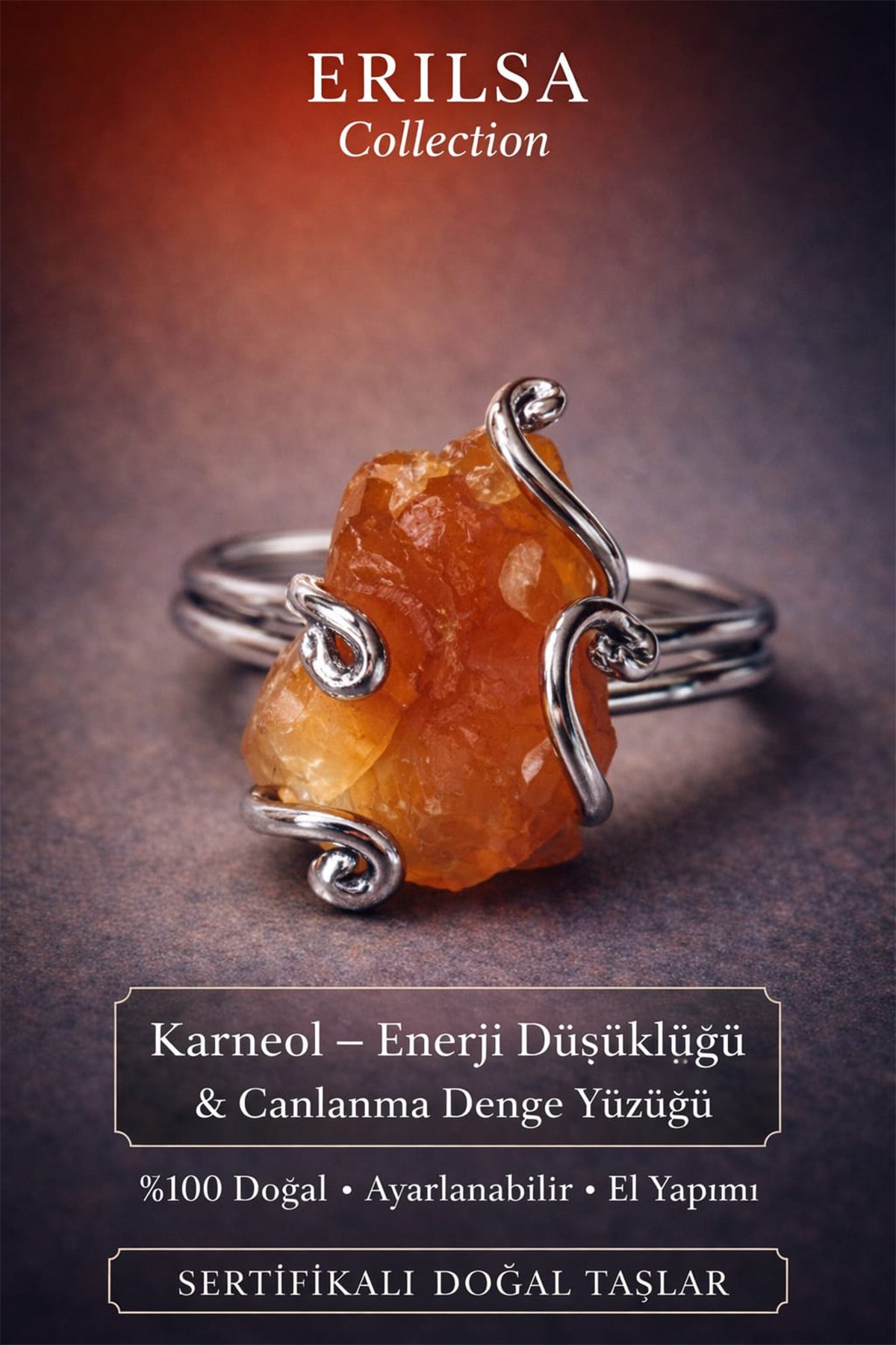 Sertifikalı Enerji Canlanma Denge Yüzüğü – Ham Karneol Karnelyan Akik Taşı – Ayarlanabilir