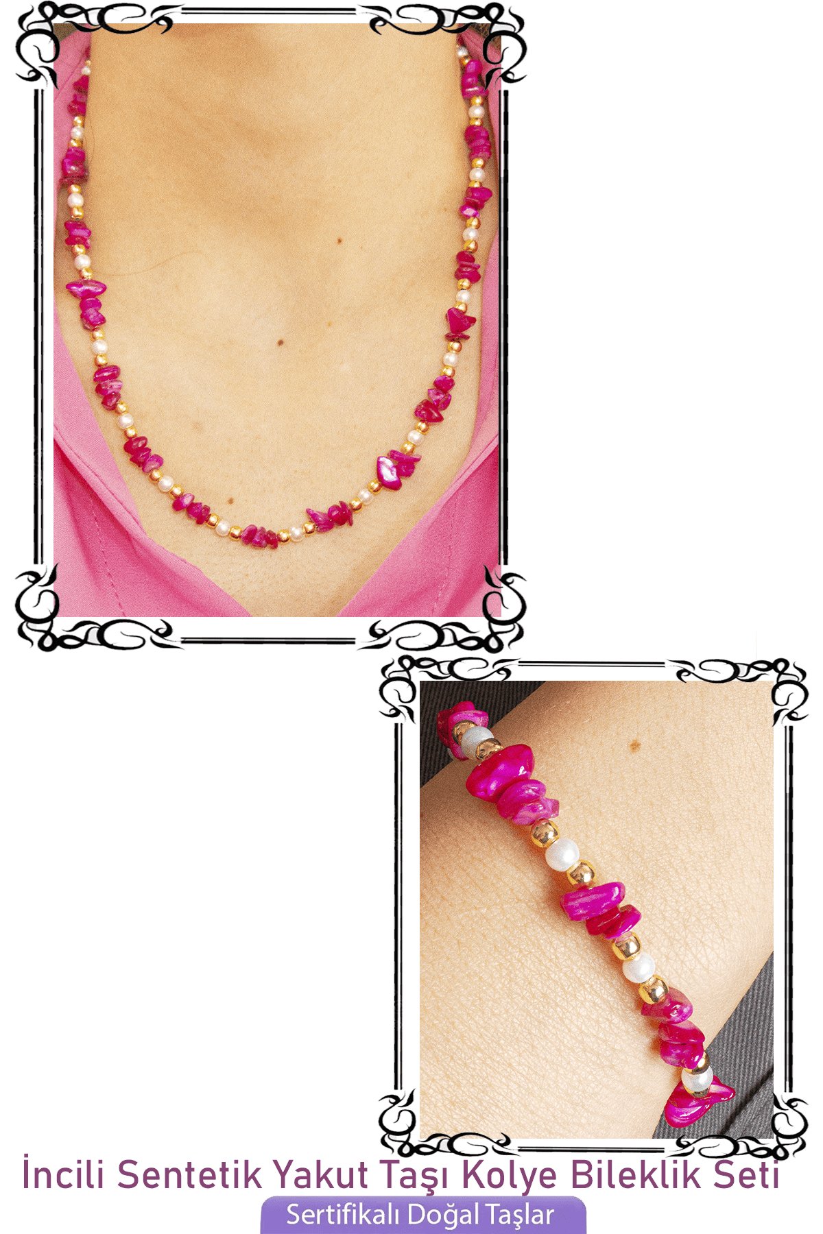 Sertifikalı İncili Sentetik Yakut Taşlı Doğal Taş Kolye Bileklik Seti