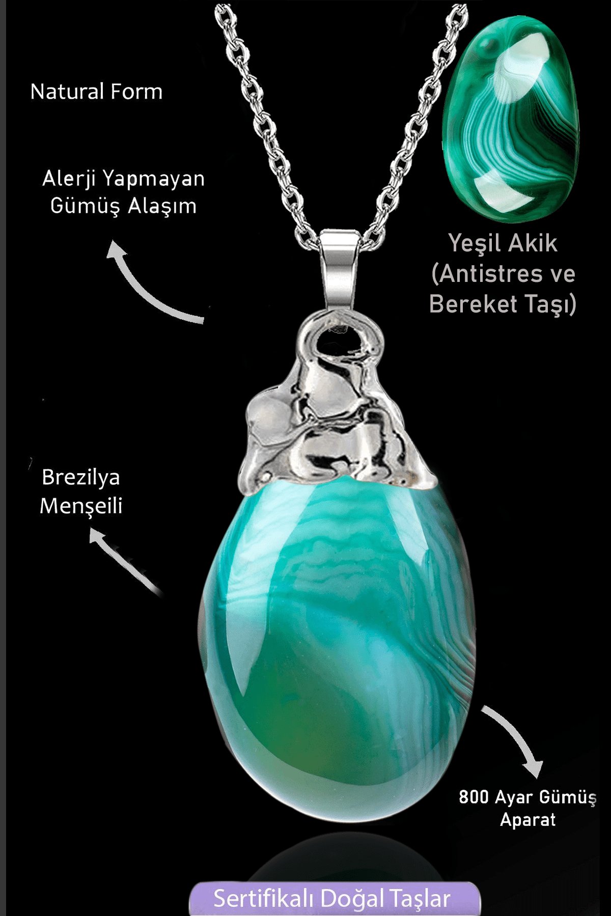 Sertifikalı Tamburlanmış Ham Yeşil Akik Taşı Kolye