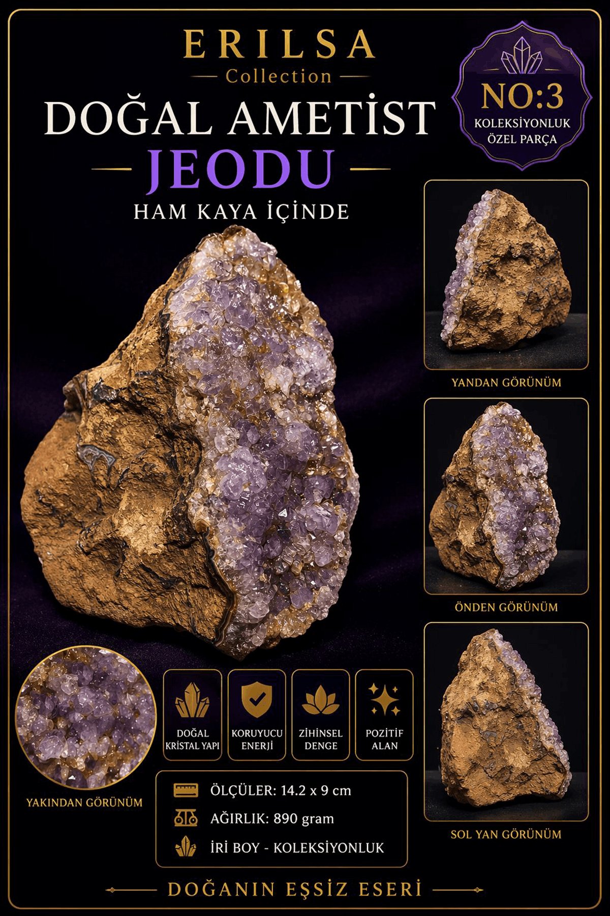 Sertifikalı Doğal Ametist Jeodu Taşı Kütle Ham Kaya İçinde Kristal Küme Koleksiyonluk Büyük Parça