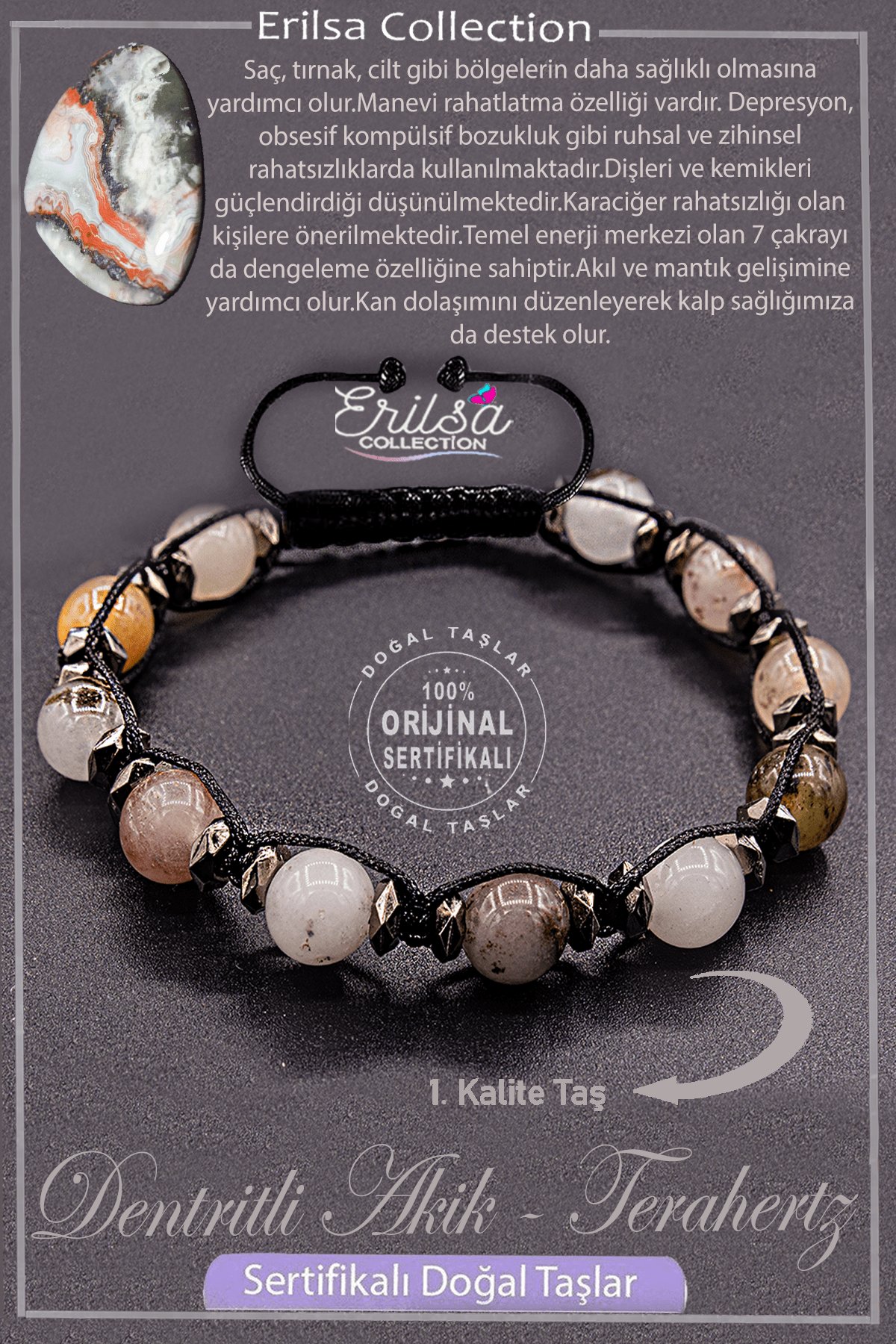 Sertifikalı AAA+ Kalite Gerçek Terahertz - Dentritli Akik Taşı Bileklik