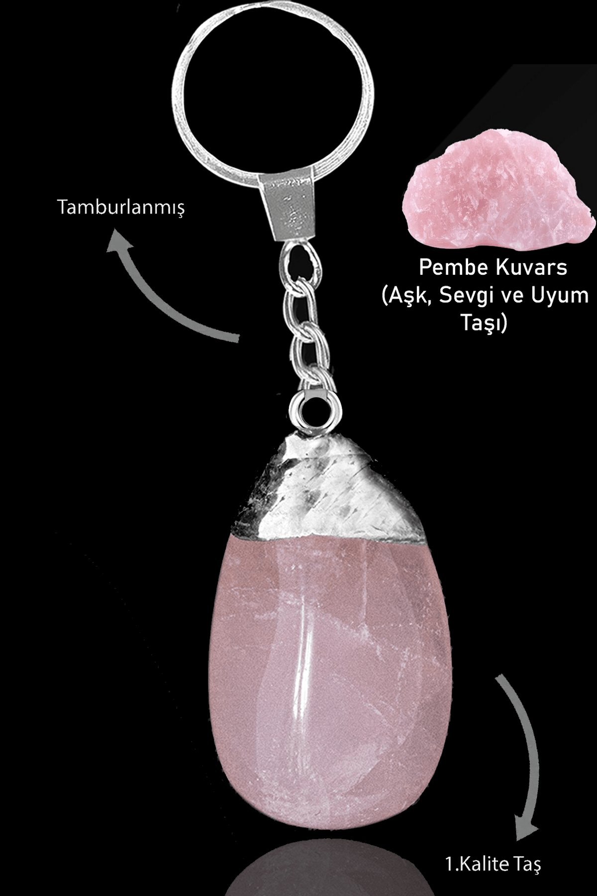 Sertifikalı Ham Model Pembe Kuvars Taşı Doğal Taş Anahtarlık