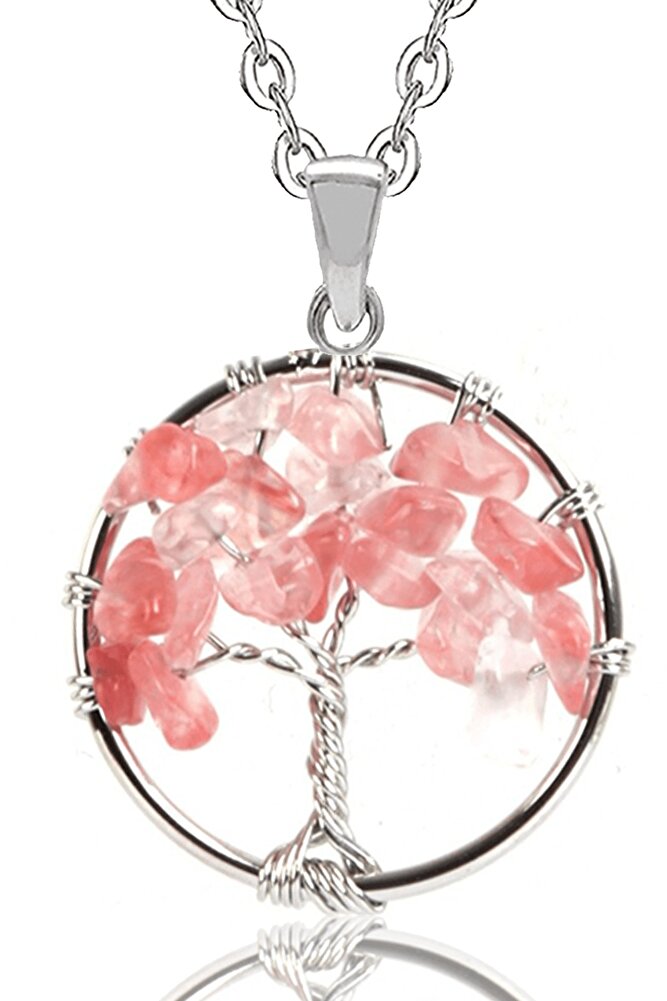 Sertifikalı Rose Gül Kuvars Taşı Hayat Ağacı Kolye