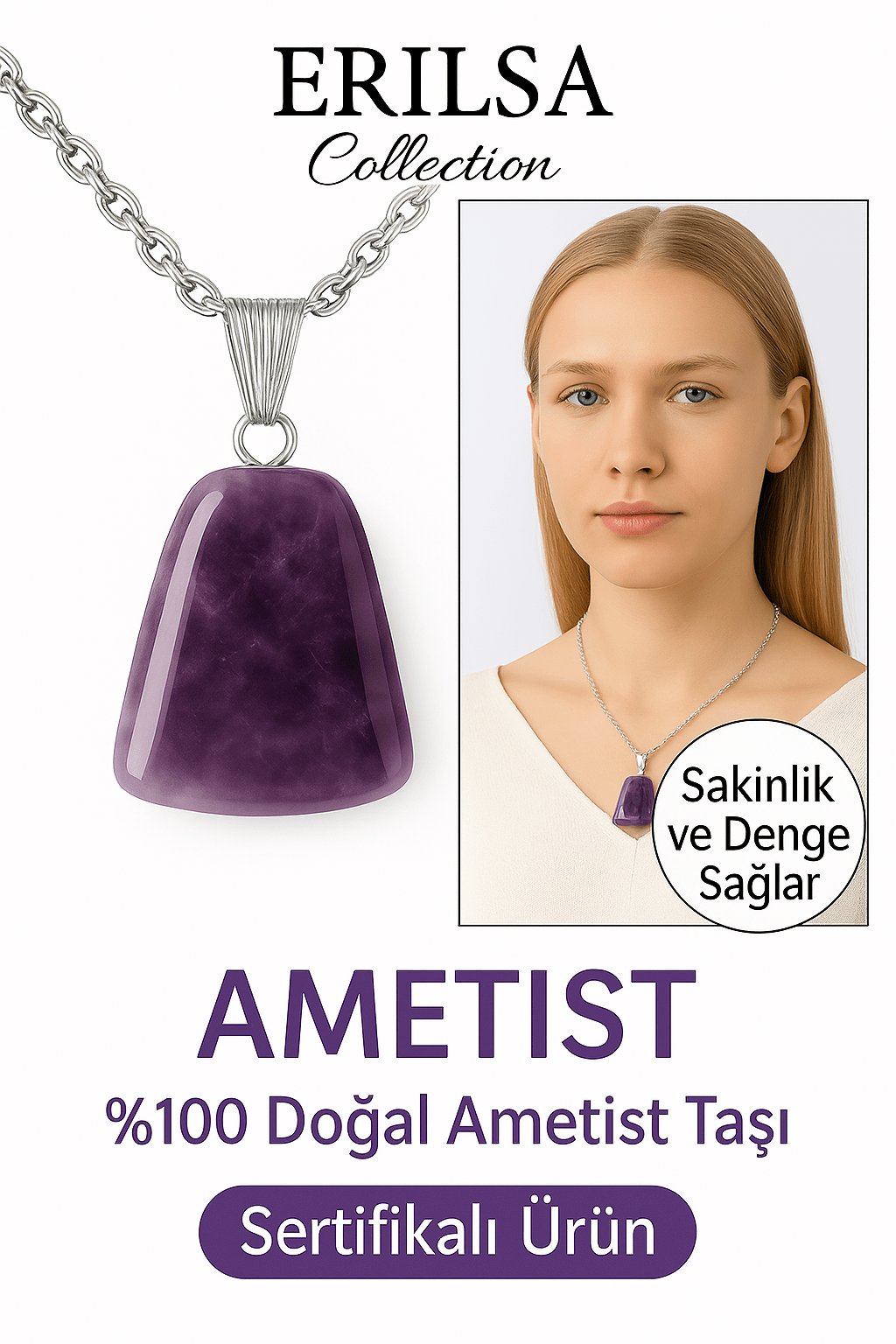 Sertifikalı AAA+ Ametist Taşı Kolye – Beşgen Model, Gümüş Aparatlı