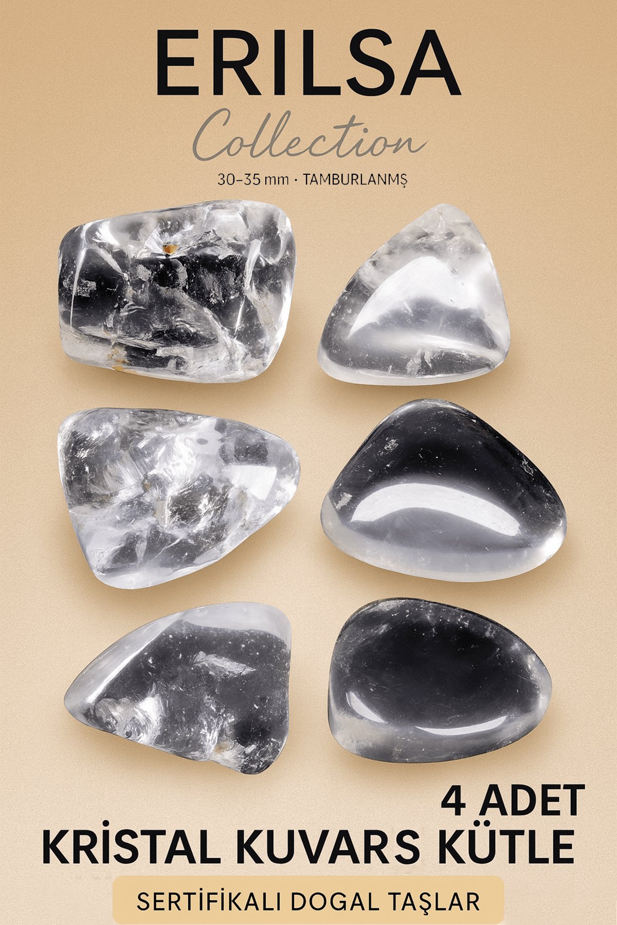 Sertifikalı Gerçek Kristal Kuvars Taşı Kütle – 4 Adetli Parlak ve Saf Doğal Taş