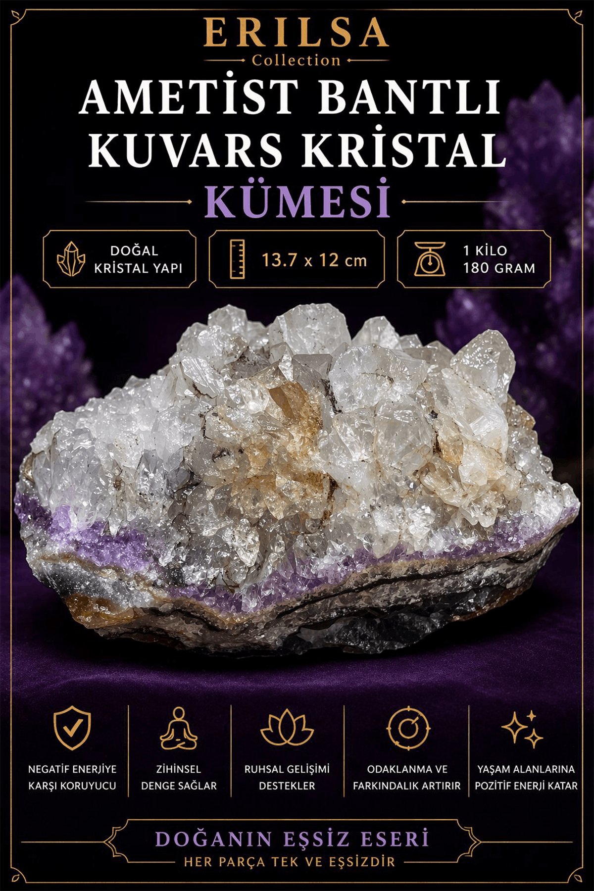 Sertifikalı Ametist Bantlı Kuvars Kristal Kümesi - Doğal Taş Kütle Ham Kaya Parça Dekoratif Kristal