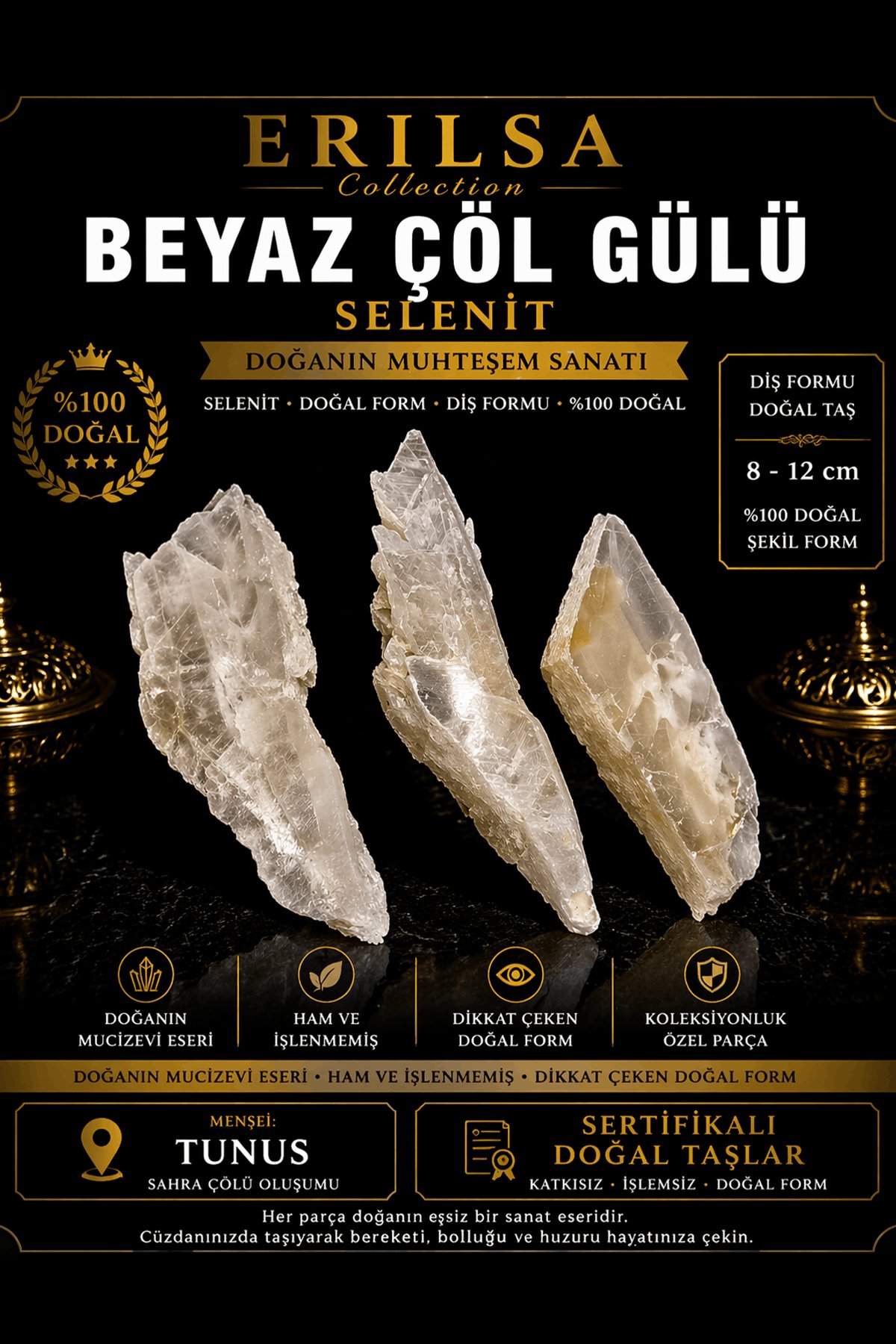 Sertifikalı Beyaz Çöl Gülü Selenit Taşı Kütle - Cüzdan Taşı 2-3 cm Doğal Ham Kristal Bereket Taşı