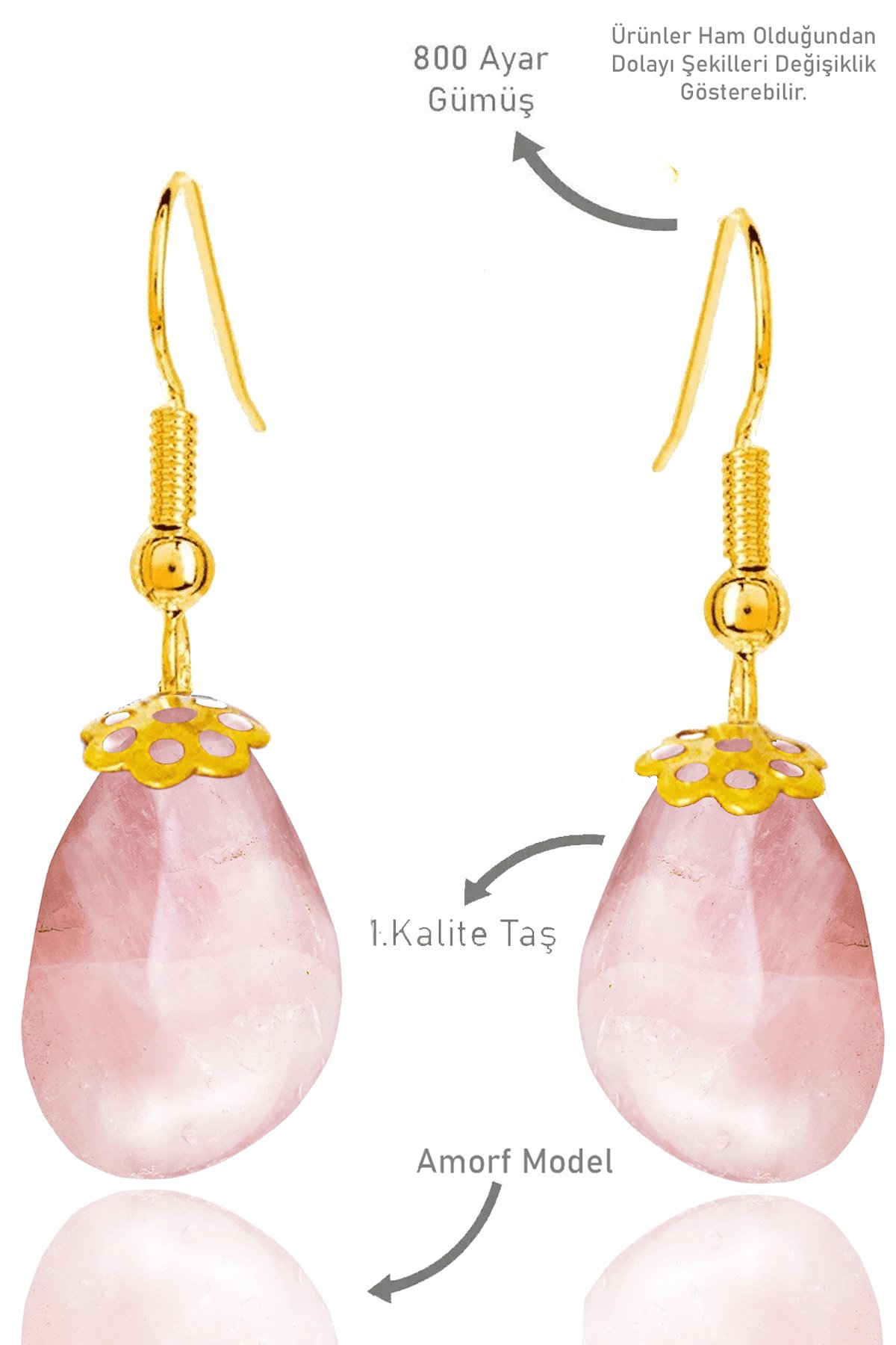 Sertifikalı Amorf Model Ham Pembe Kuvars Taşı Küpe - Gold Renkli