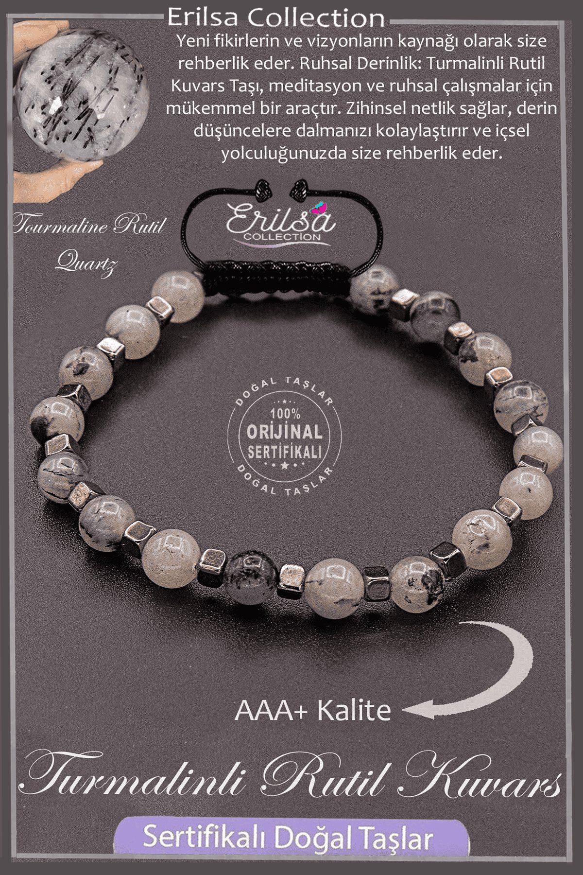 Sertifikalı AAA+ Kalite Gerçek Terahertz - Turmalinli Rutil Kuvars Taşı Bileklik