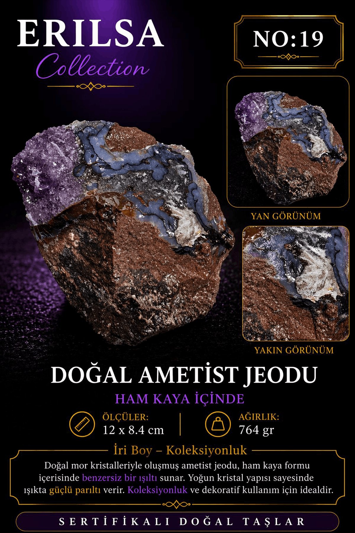 Sertifikalı Doğal Ametist Jeodu Taşı Kütle Büyük Boy Kristalli Ham Kaya Koleksiyonluk Mor Doğal Taş