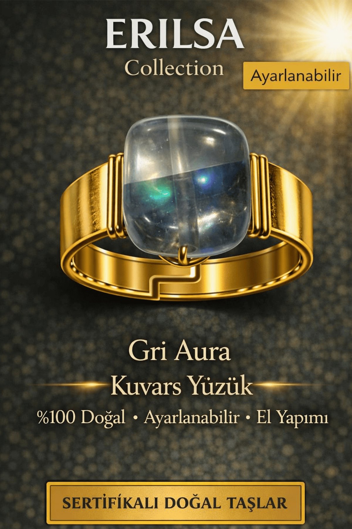 Sertifikalı Gri Aura Kuvars Yüzük Doğal Taş Yüzük Ayarlanabilir El Yapımı Enerji Taşı