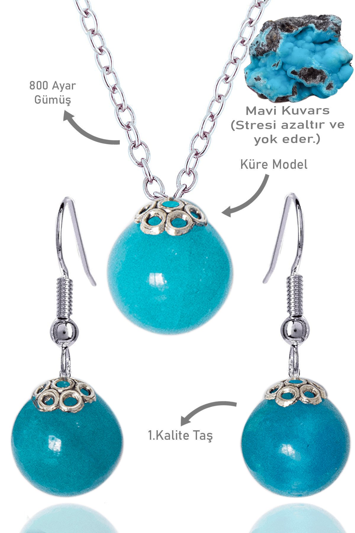 Sertifikalı Küre Model Mavi Kuvars Taşı Kolye ve Küpe Seti - Gümüş Aparatlı