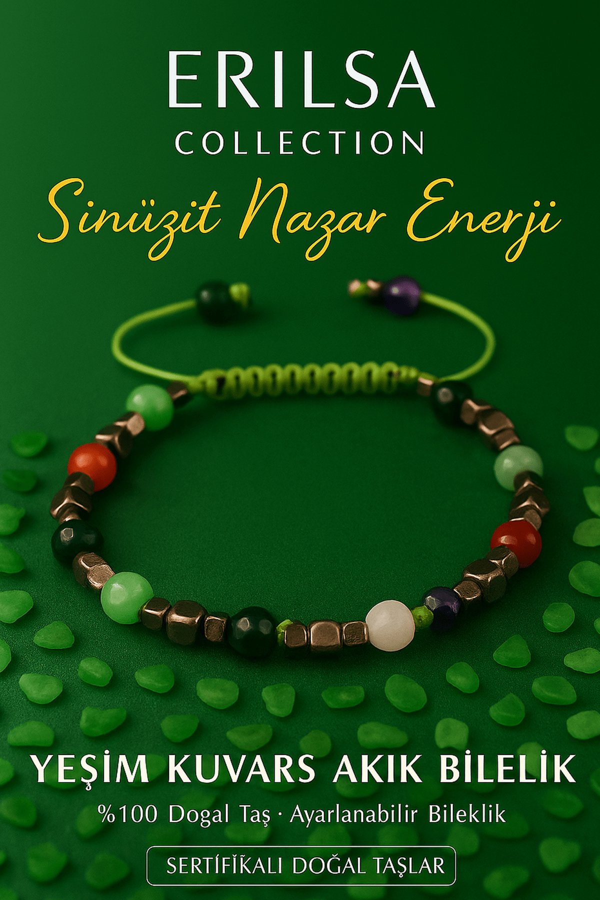 Sertifikalı Sinüzit Nazar Enerji Bilekliği – Yeşim Kuvars Akik Terahertz Doğal Taş 6 mm