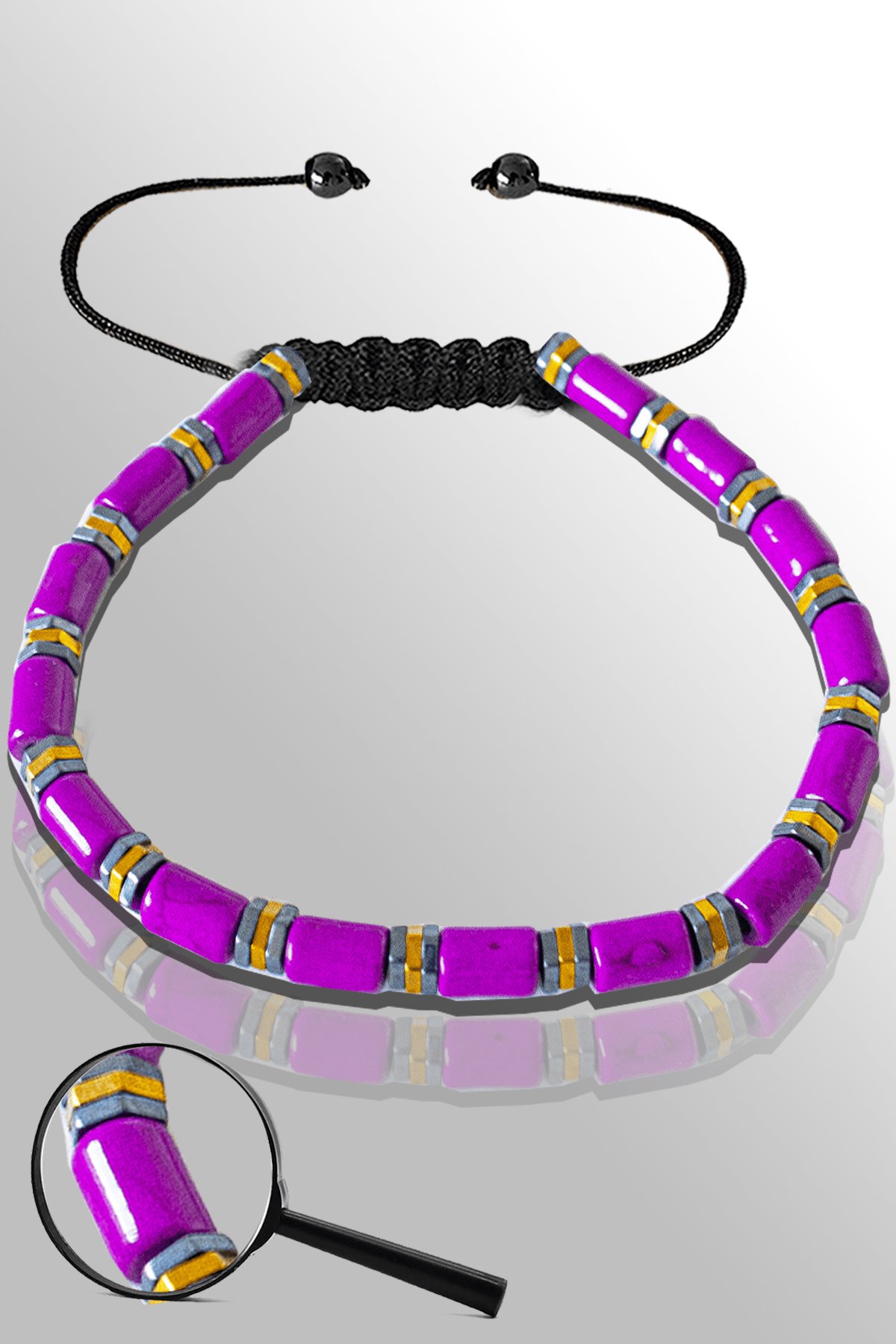 Sertifikalı Gold Silver Hematitli Mor Sedef Taşı Bileklik - Ayarlamalı