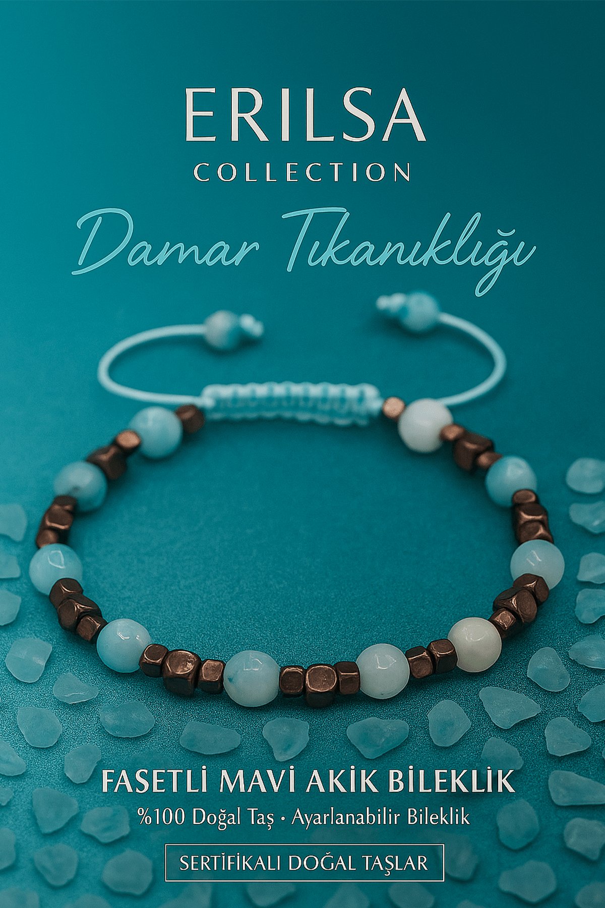 Sertifikalı Damar Tıkanıklığı Bilekliği – Fasetli Mavi Akik Terahertz – %100 Doğal 6 mm Taş