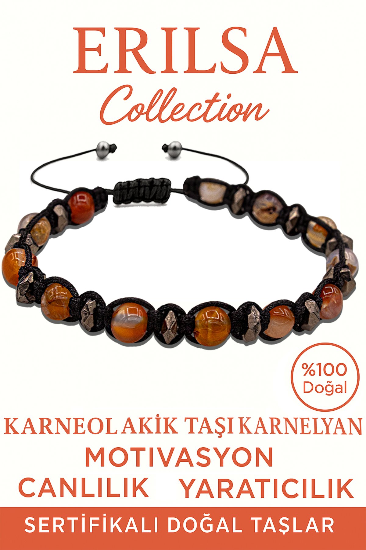 Sertifikalı Terahertz & Karnelyan (Karneol) Akik Bileklik – Cesaret ve Yaşam Enerjisi