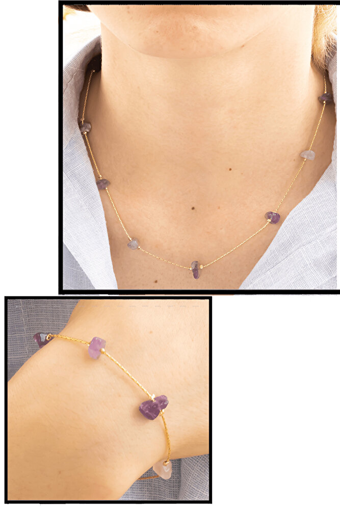 Sertifikalı Ametist Taşlı Doğal Taş Kolye Bileklik Seti
