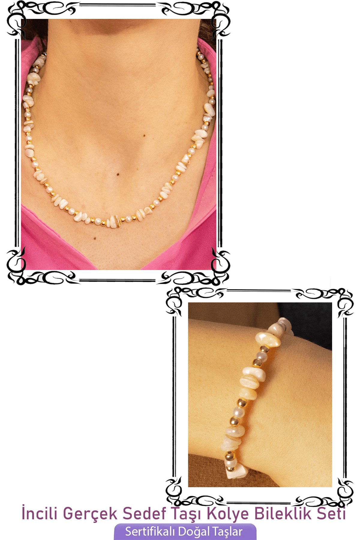 Sertifikalı İncili Doğal Sedef Taşlı Doğal Taş Kolye Bileklik Seti