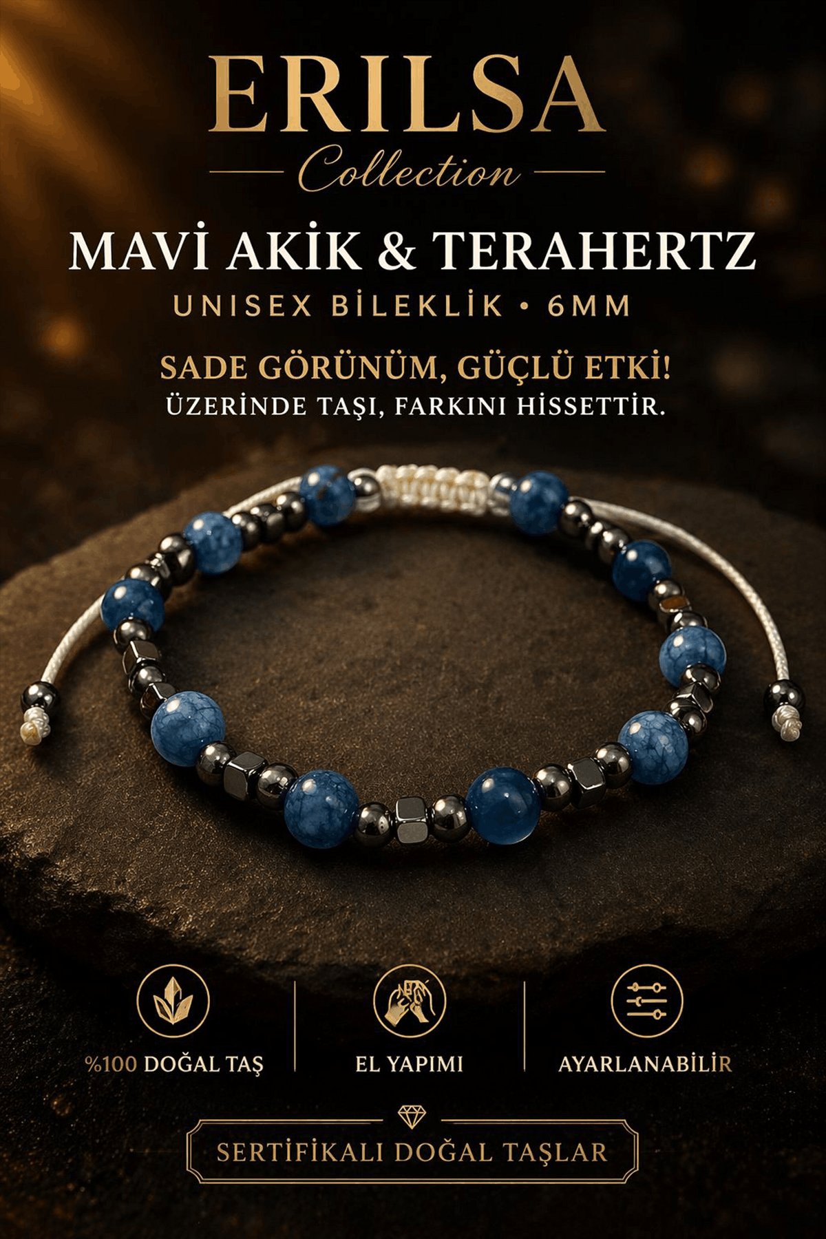 Sertifikalı Mavi Akik Terahertz Bileklik - 6 MM Doğal Taş Unisex Ayarlanabilir Şık Tasarım