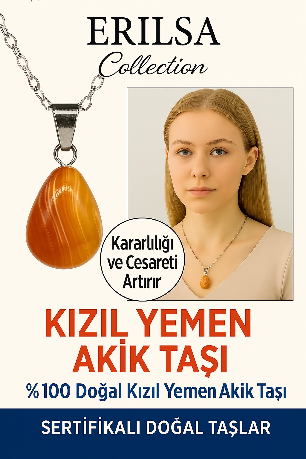 Sertifikalı Damla Model Kızıl Yemen Akiği Kolye – Sabır, Koruma ve Ruhsal Güç Nazar Taşı