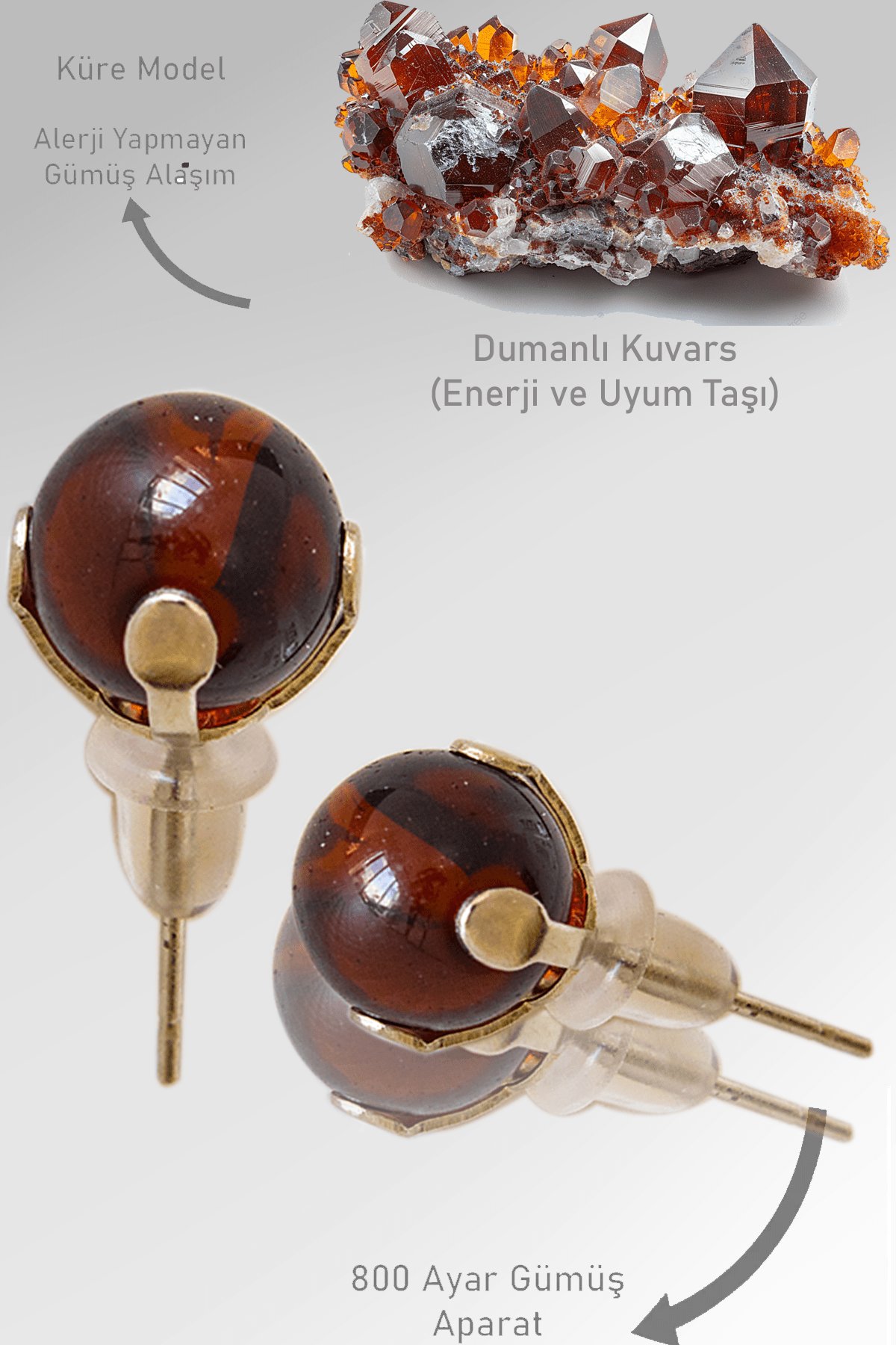 Sertifikalı Gerçek Dumanlı Kuvars Taşı Nokta Doğal Taş Küpe