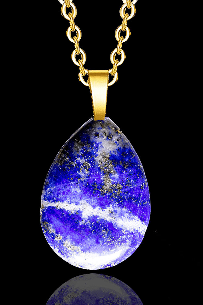 Sertifikalı 24k Altın Kaplama Damla Kesim Lapis Lazuli Taşı Kolye