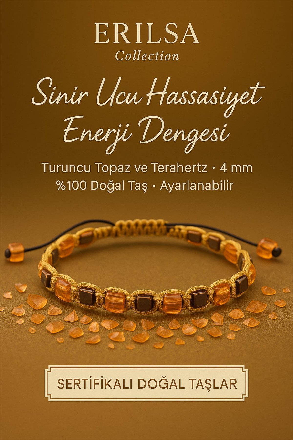 Sertifikalı Sinir Ucu Hassasiyet Enerji Dengesi Bilekliği – Turuncu Topaz ve Terahertz 4 mm