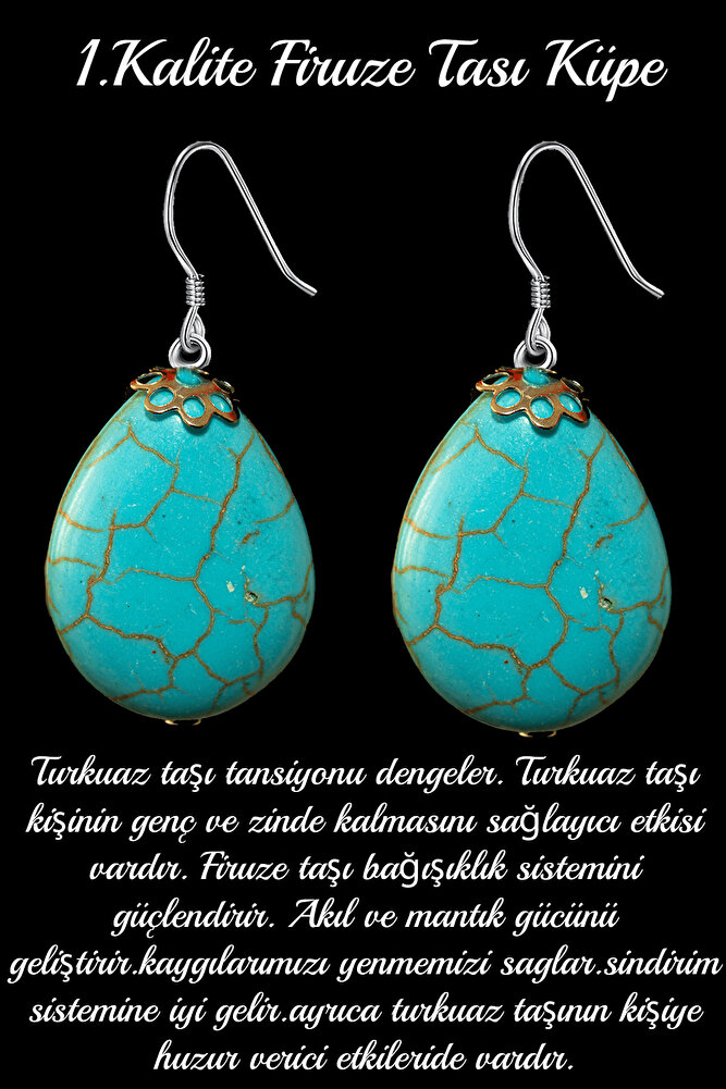 Sertifikalı Damla Kesim Iran Firuze - Turkuaz Taşı Doğal Taş Küpe - 1.kalite