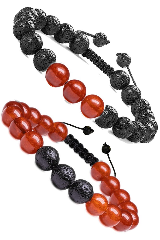 Sertifikalı Doğal Lav - Yemen Akik Taşı Bileklik Seti