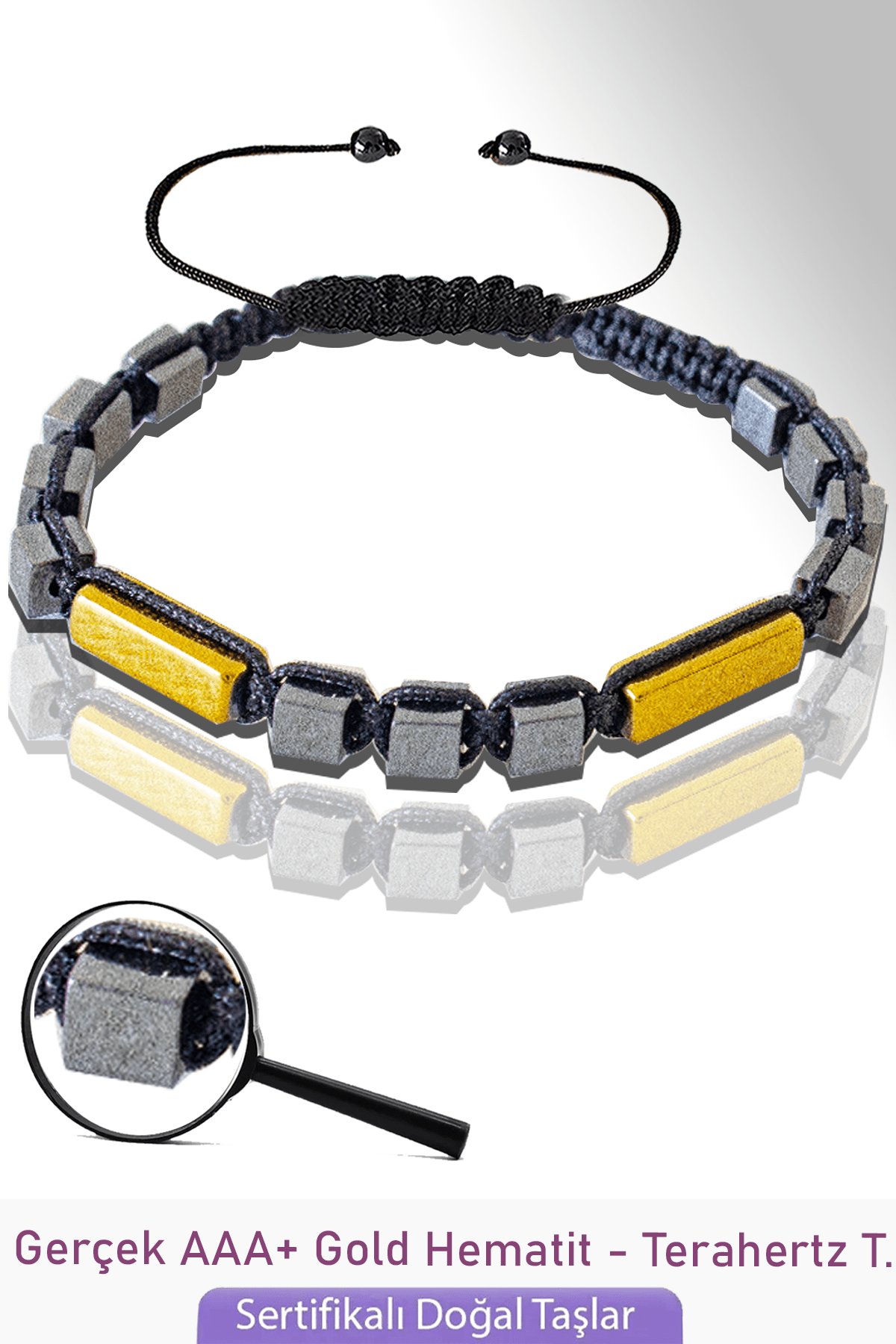 Sertifikalı Gold Hematit - Dikdörtgen - Terahertz Taşı Bileklik (Titreşim Taşı)