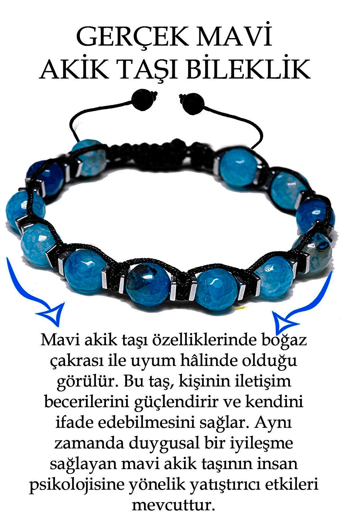 Sertifikalı Hematit - Koyu Mavi Akik Taşı Bileklik - Makrome