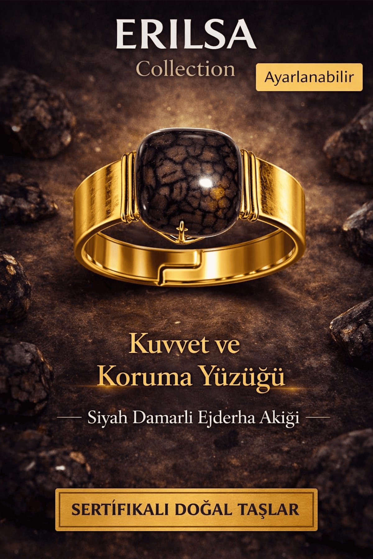 Sertifikalı Ejderha Akik Doğal Taş Yüzük Siyah Akik Ayarlanabilir El Yapımı 