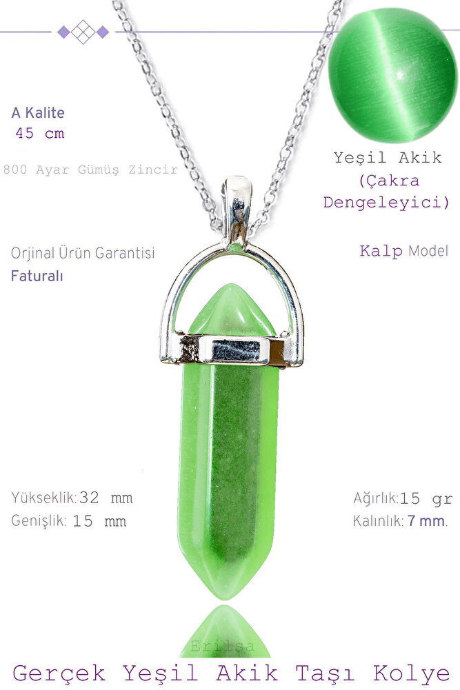 Sertifikalı Çivi Model Yeşil Akik Taşı Kolye (1.Kalite)