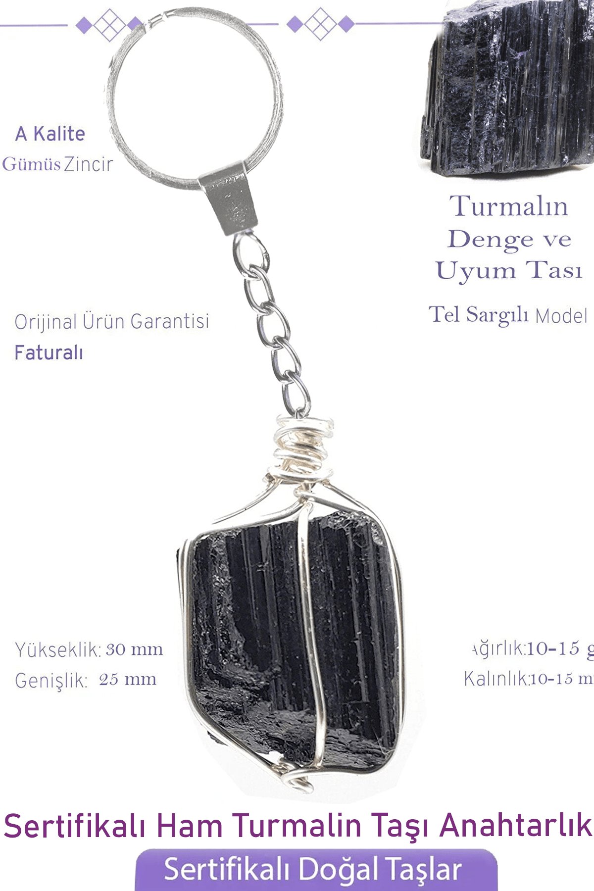 Sertifikalı Ham İşlenmemiş Turmalin Taşı Anahtarlık - Tel Sargılı