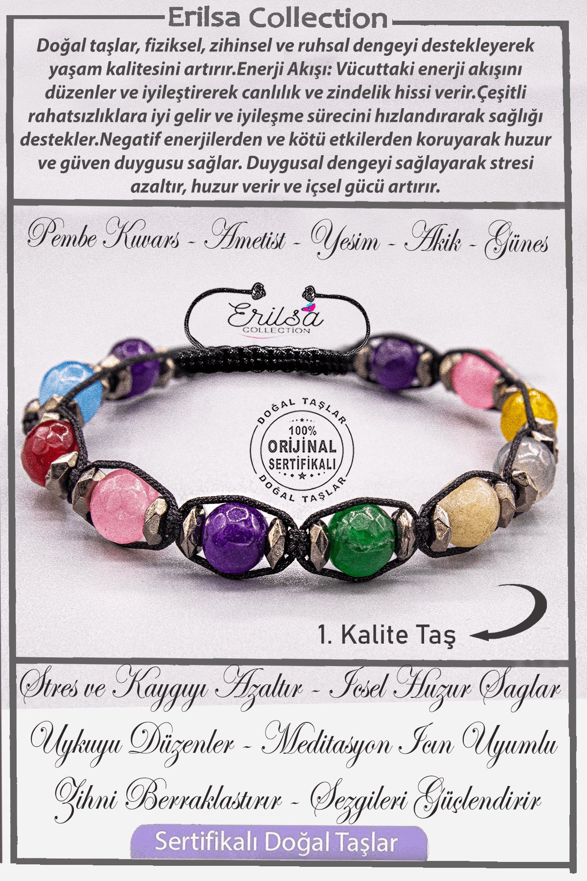 Sertifikalı AAA+ Kalite Fasetli Akuamarin - Ametist - Pembe Kuvars - Akik - Yeşim Taşı Bileklik