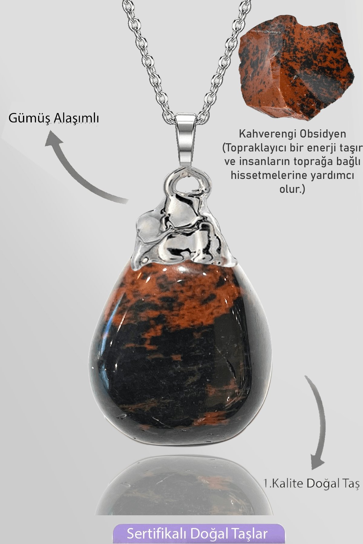 Sertifikalı Tamburlanmış Ham Kahverengi Obsidyen Taşı Kolye