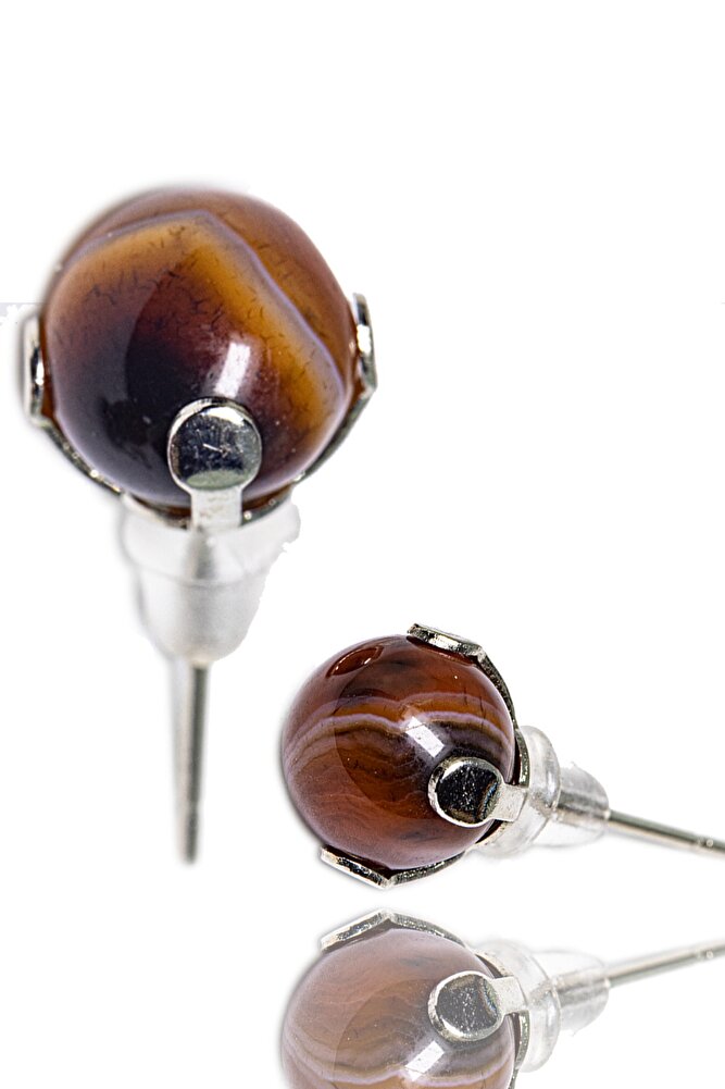 Sertifikalı Doğal Kahverengi Damarlı Akik Taşı Nokta Doğal Taş Küpe